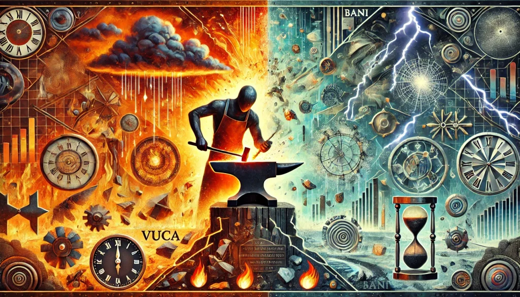 Symbolische Daarstellung von einem durch einen Schmied verbundene VUCA und BANI Welt