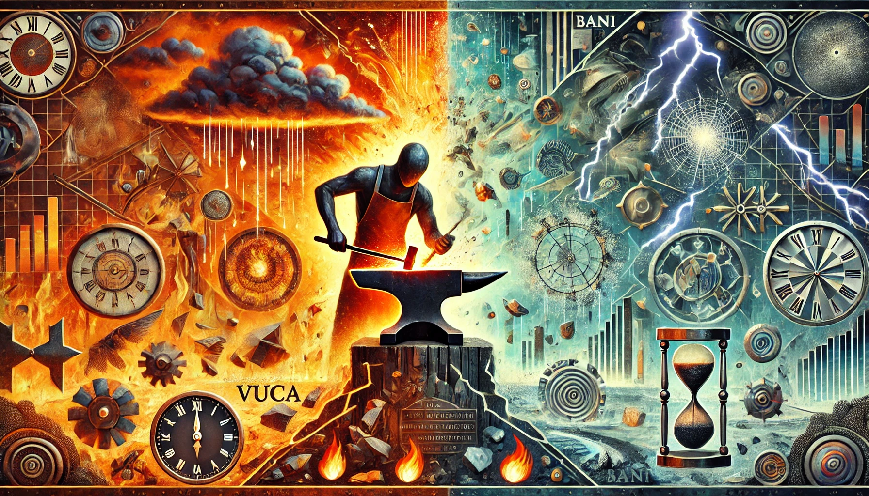 Symbolische Daarstellung von einem durch einen Schmied verbundene VUCA und BANI Welt